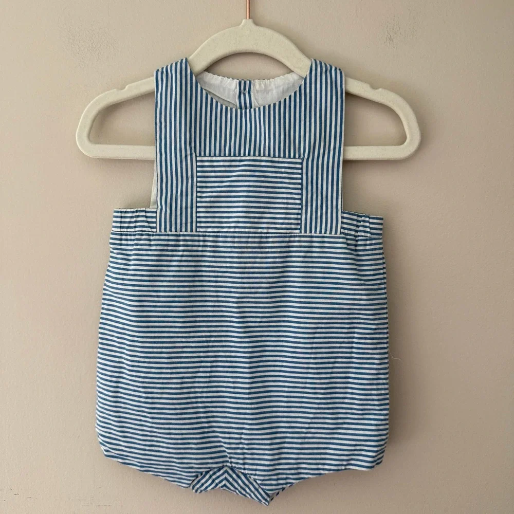 Jacadi Paris Blue White Striped Cotton Romper Baby 6M 67cm Nautical Sleeveless
